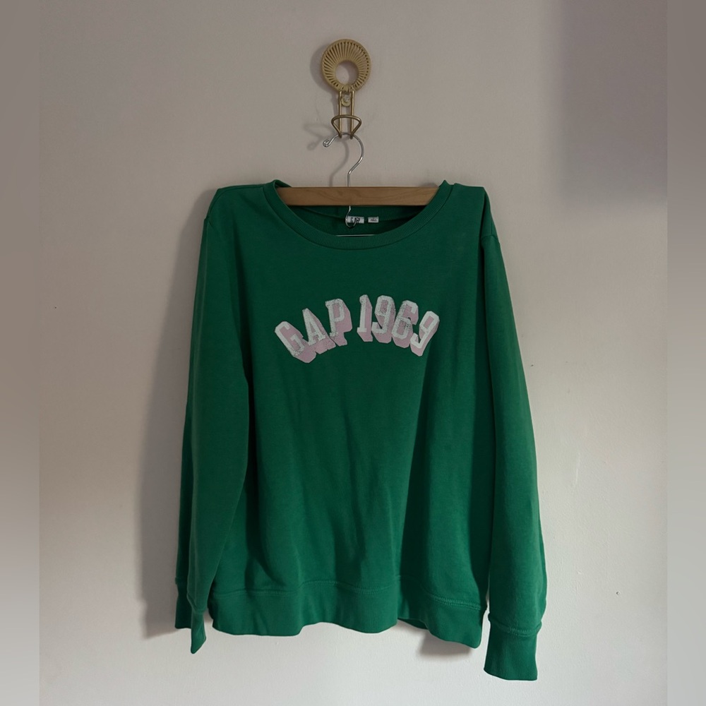 GAP Green Sweatshirt with Pink and White Lettering